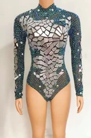 mesh tansparent dance costume sparkly rhinestones mirrors leotard sexy female singer dancer bodysuit performance stage wear