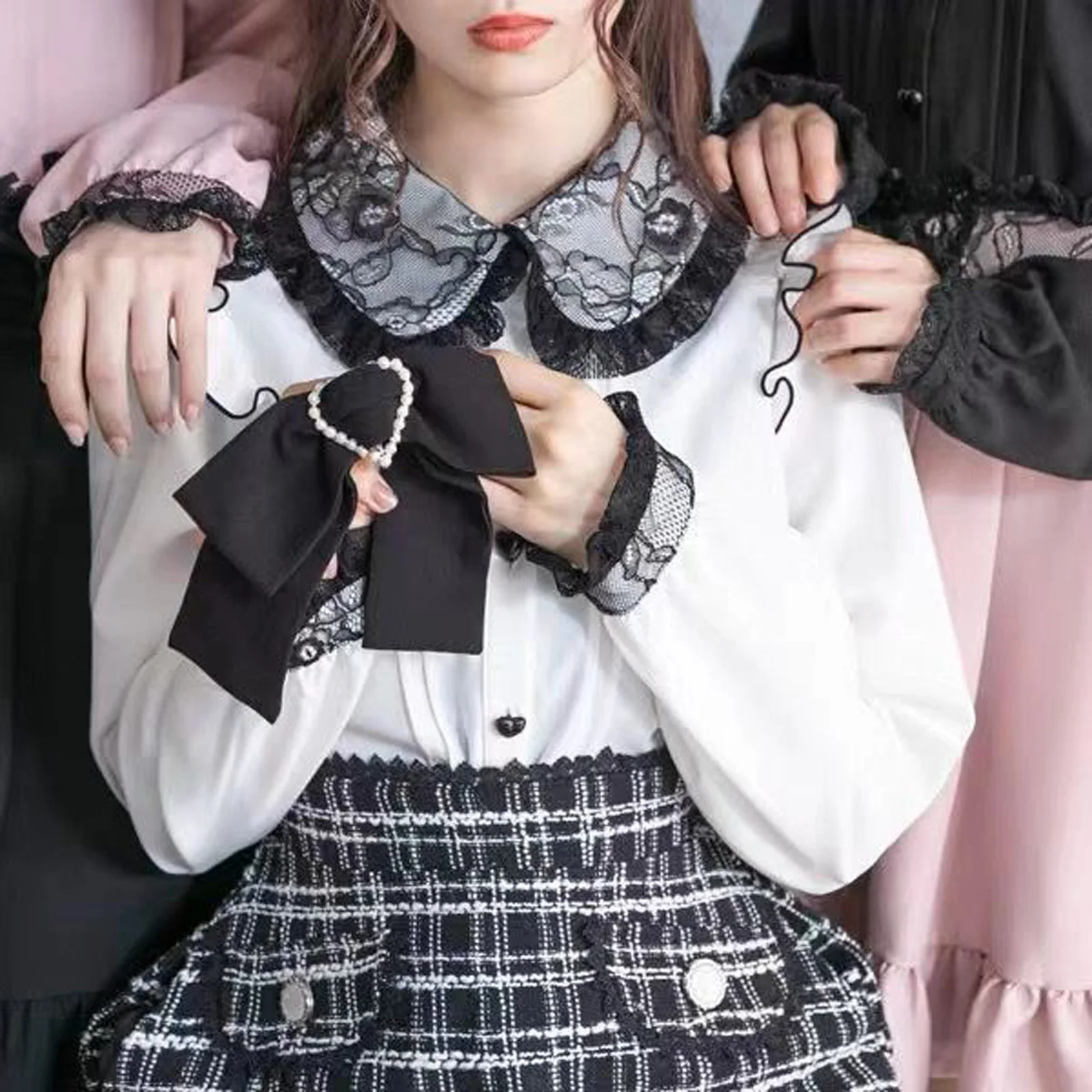 Фото Комплект в стиле Kawaii Jirai Kei Lolita: милая японская блузка и облегающая юбка с высокой талией в стиле Y2K для женщин, повседневный эстетичный образ №2