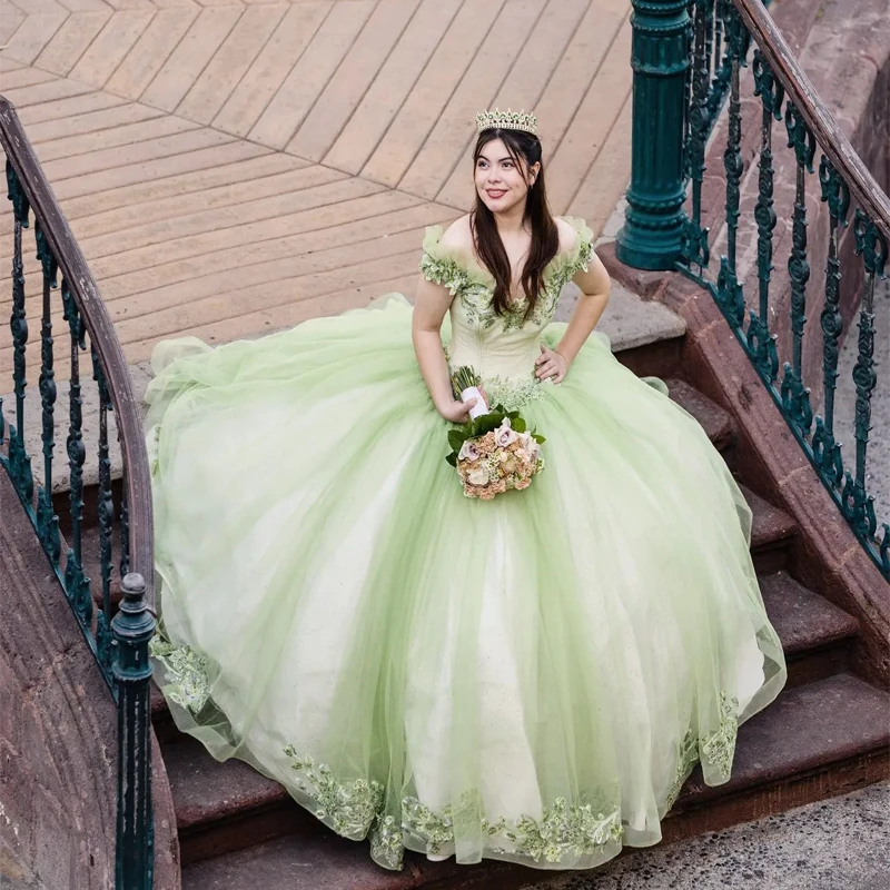 

Sage Green Off the Shoulder Sweetheart Quinceanera Dresses Appliques Beading 3DFlower Shiny Ball Gown Girl Birthday Party Prom