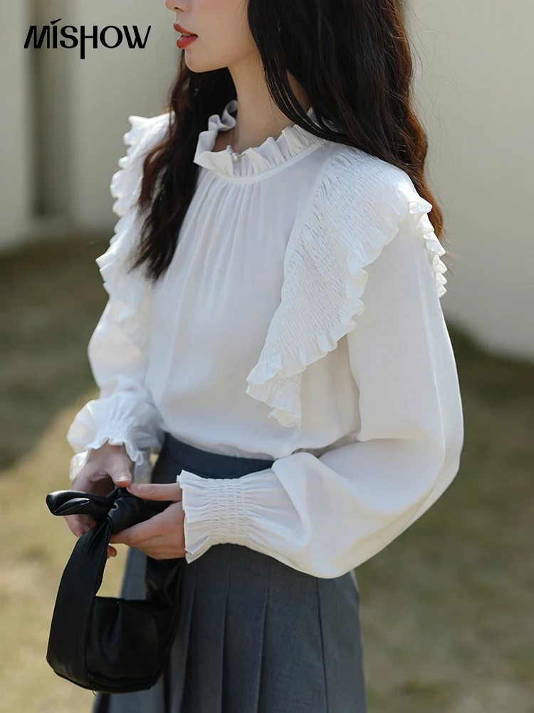 

MISHOW Fashion Woman Blouses 2022 Loose Solid Edible Tree Fungus Blouse Office Lady Pullover Long Sleeve Top Women MXB14C0213