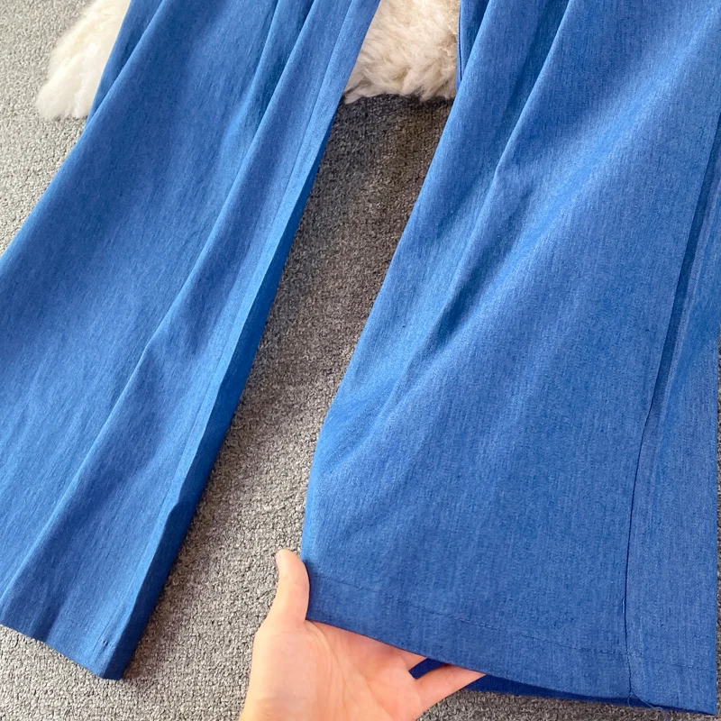 Summer Women Denim Romper Sexy Strapless Draped High Waist Jumpsuits Female Black/Blue Wide Leg Spaghetti Strap Rompers Fashion