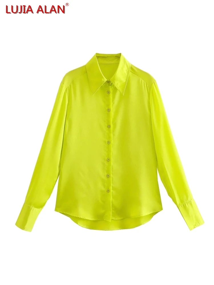 

Women Yellow Satin Simple Shirt Summer Female Long Sleeve Blouse Smock Office Lady Loose Tops Blusas LUJIA ALAN B105