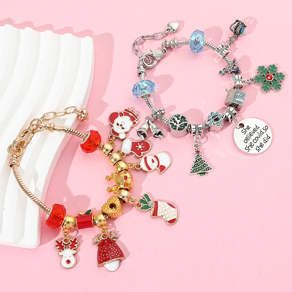 

Christmas Collection Charms Jewelry Bracelet Cute Santa Claus Reindeer Beads Pendant Bracelet for Women Christmas Gifts