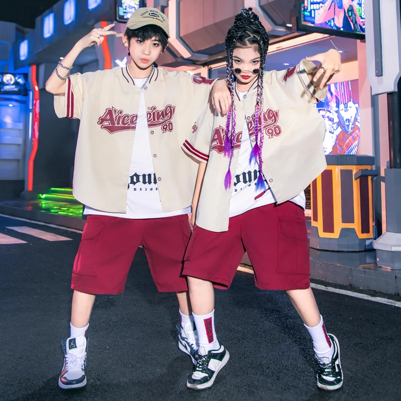 

Kids Ballroom Hip Hop Clothing Oversized Cardigan Baseball Shirt Tops Red Cargo Shorts for Girl Boy Jazz Dance Costume Clothes