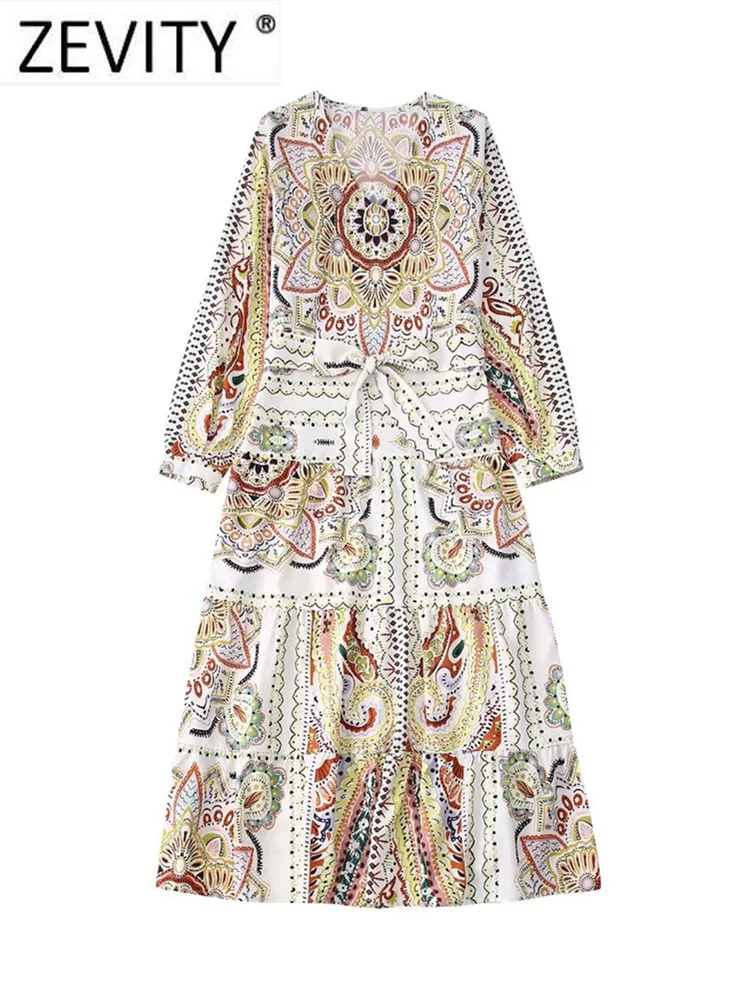 

Zevity Women Vintage V Neck Patchwork Totem Floral Print Hem Pleats Midi Dress Female Sashes Casual Vestidos Chic Dresses DS1282