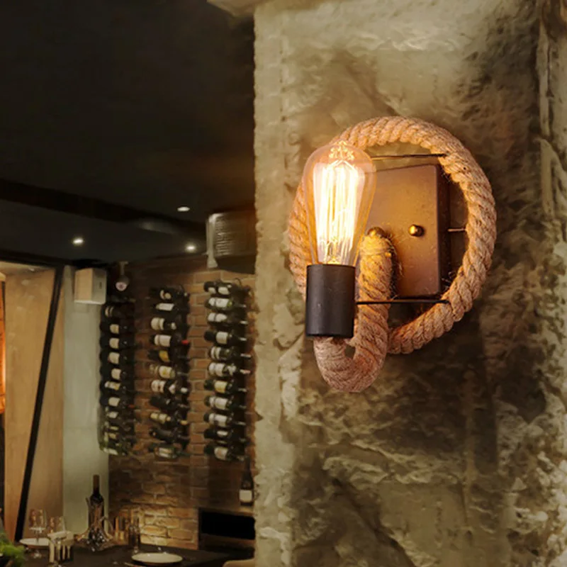 

Loft Vintage Style Hemp Rope Wall Lamp American Retro Round Rope Stairs Bar Coffee Dining Room Shop Aisle Art Iron Wall Light