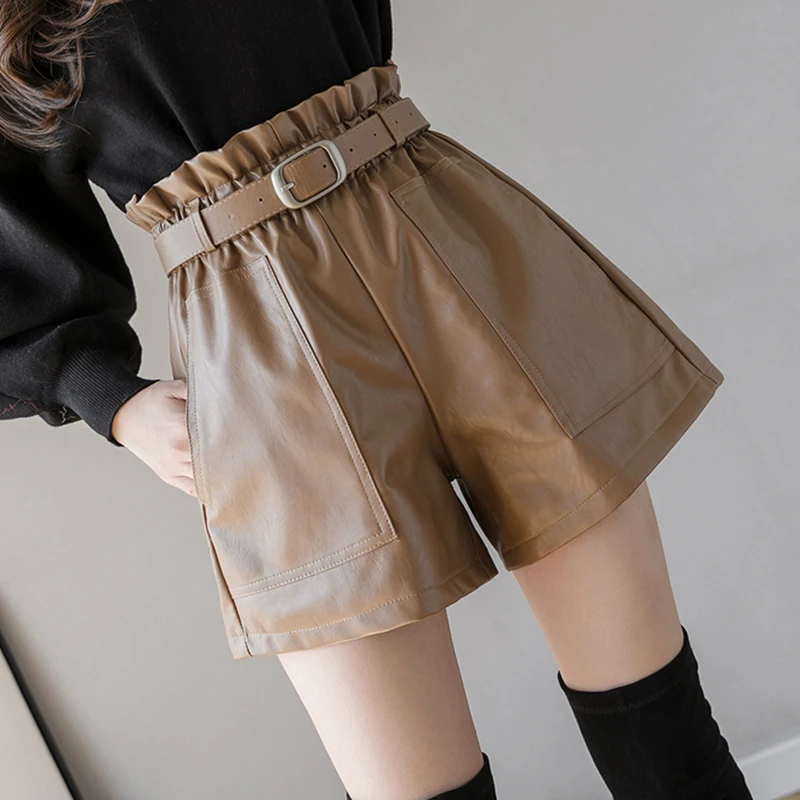 2022 Women's Leather Shorts High Waist Elastic A-line Wide-legged With Belt Black Brown Elegant Pu Bottoms Casual Shorts Female