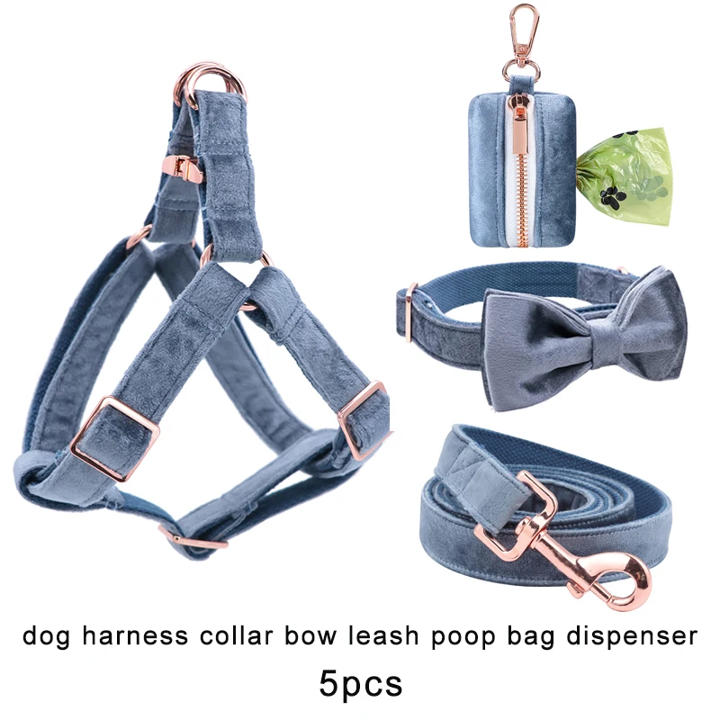 Blue Velvet Dog Harness Basic Dog Leash  Adjustable Buckle Velvet Personlized Dog Collar for Dog or Cat