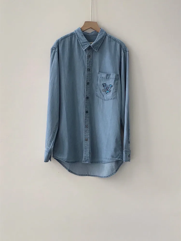 

Women Denim Single Breasted Shirt Pockets Embroidery Turn-down Collar Fashion Long Sleeve Straight Blouse