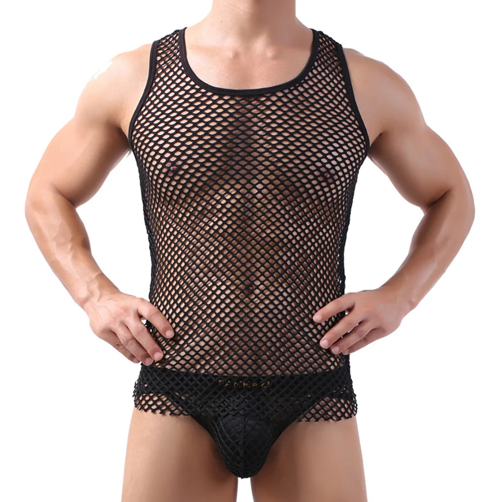 

Men's See Through Hollow Out Muscle Comfy Mesh Fishnet Sheer Men Vest Sleeveless T-Shirt Tank Top Solid Singlet I-shape Vests