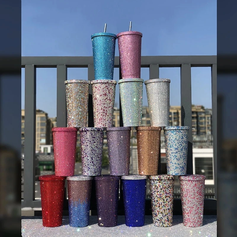 

Sparkly Water Cup Stainless Steel Thermal Mug Diamond-studded Coffee Cup With Straw With Lid Large Capacity Milk Tea Cup