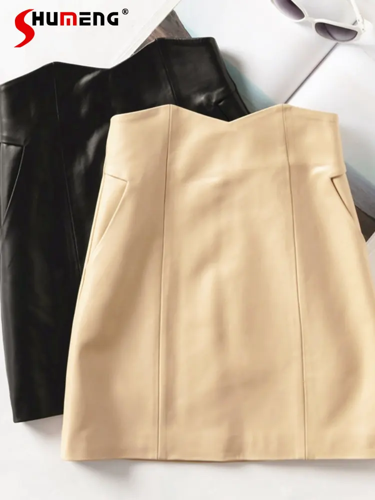 Sexy Real Sheepskin Leather Mini Skirt for Women Korean Style Women's Pure Color High Waist Irregular Sheepskin Short Hip Skirts