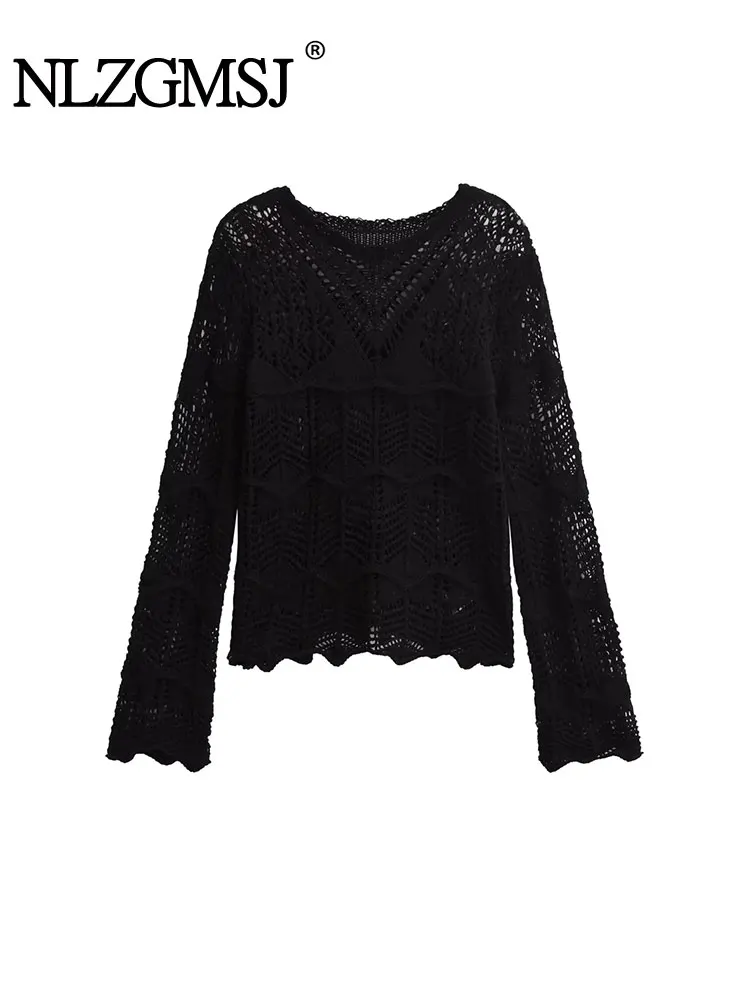 

Nlzgmsj TRAF 2023 Summer Autumn Women Sexy Hollow Sweater Sexy O Neck Long Sleeve Female Pullovers Chic Tops