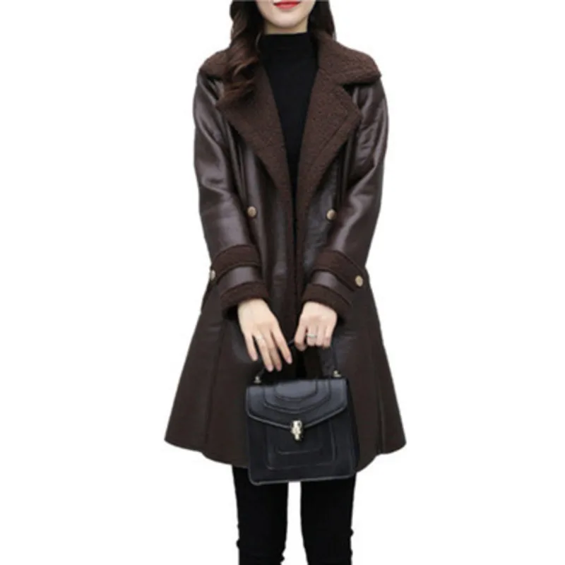 Autumn Winter PU Jackets Fashion Black Coats Women's Medium Long Slim Leather Jacket Women Lamb Fleece Coat jacket women coat