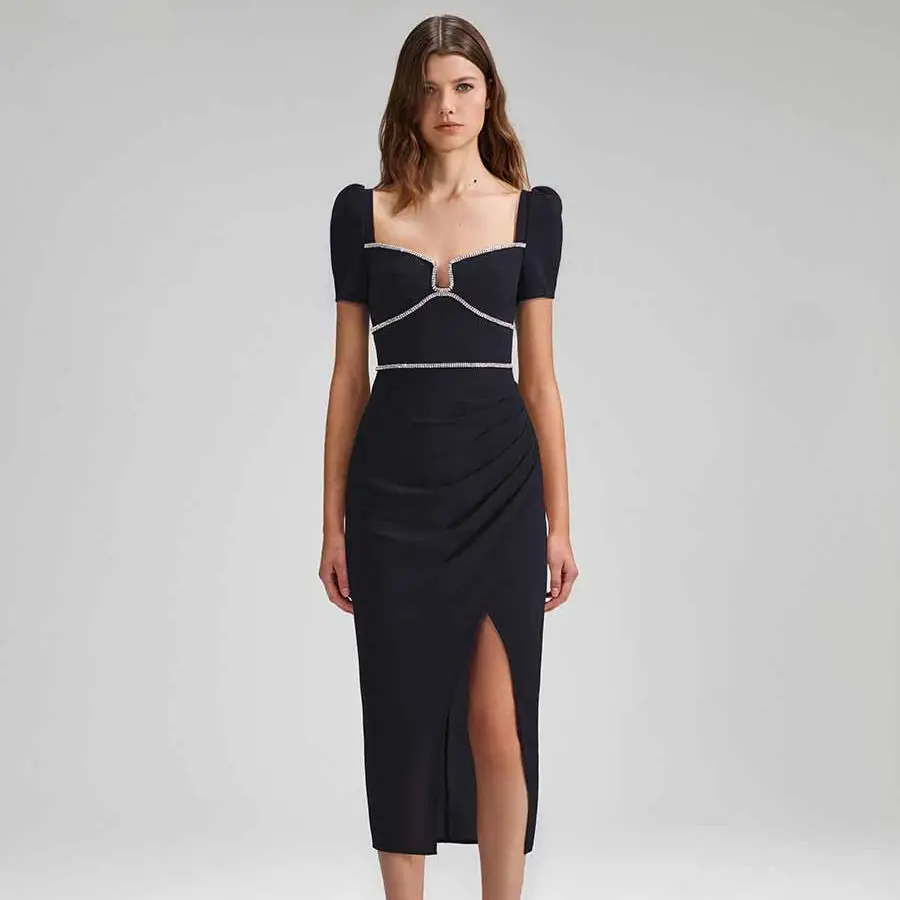 

Bettergirl Factory Wholesale Dress 2023 Trendy Women Sweetheart Collar Crystal Midi Split Black Event Dresses Women