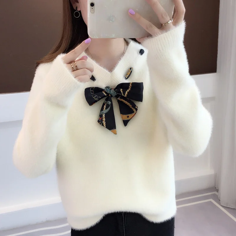 

Bow Fashion Neck Mink Cashmere Knitted Sweater Women Casual Pullover Autumn Winter Thick Loose 4 Color Long Sleeve Tops Female