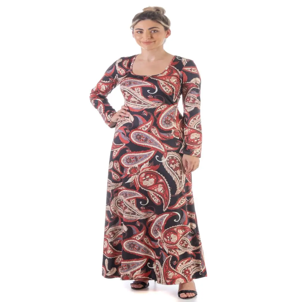 

24/7 Comfort Apparel Womens Red Paisley Long Sleeve T Shirt Maxi Dress