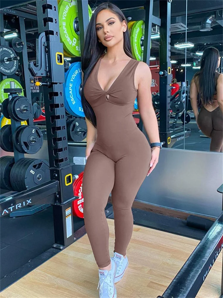 

CHRONSTYLE 2022 Summer Women Jumpsuits Solid Sleeveless V-neck Hollow Out Backless Jumpsuits Skinny Sexy Streetwear Club Rompers