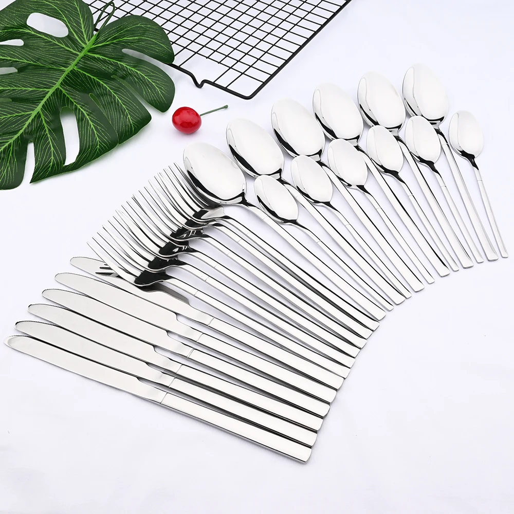 

24Pcs Mirror Silver Cutlery Set Knife Fork Spoon Dinnerware Dinner Tableware Stainless Steel Flatware Bar Silverware Set Kitchen