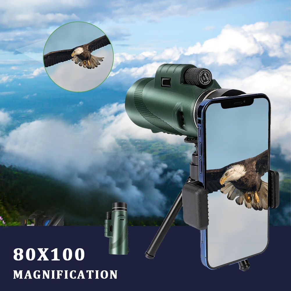 

80X100 Monocular Professional Telescope with Tripod Phone Clip Low Light HD Telescope for Outdoor Bird Watching Camping Tourism