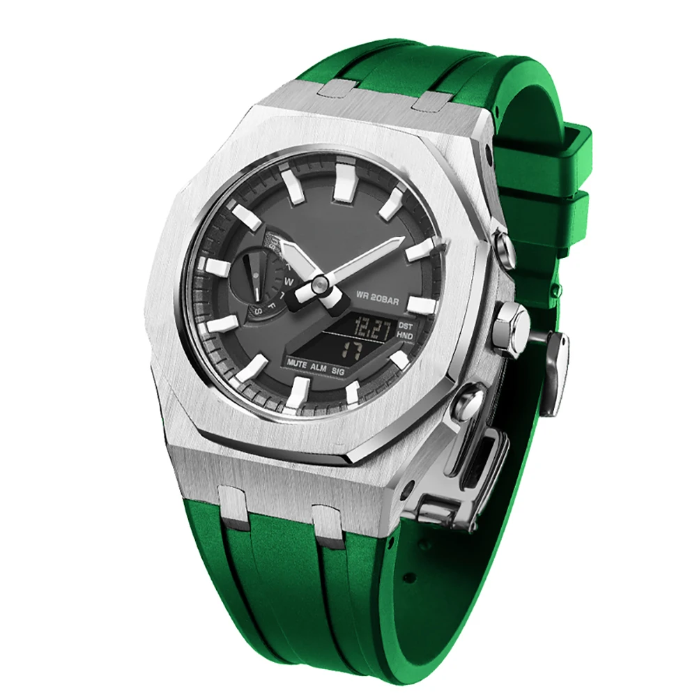 Metal+Silicone Strap For Casioak GA2100 Gen5 Mod Kit Metal Stainless Steel Cover Band For G-Shock GA-B2100/2110 Rubber Watchband