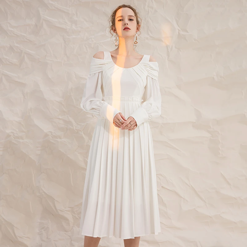 YIGELILA Fashion Women White Long Dress Elegant V-neck Full Sleeve Dress Empire Slim A-line Dress Mid-length 67016