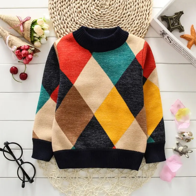 

Kids Clothes Boys Knit Sweaters Plush Tops Pullover Crew Neck Color-Blocking Geometric Pattern Sweater for Children