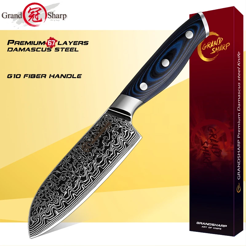 

Grandsharp 5 Inch Santoku Chef Knife Kitchen Knives Japanese Damascus AUS-10 Steel Razor Sharp Blade Meat Cutting G10 Handle