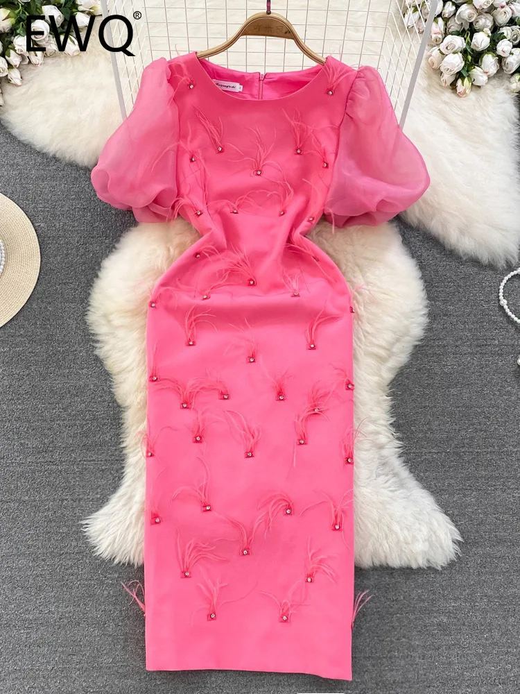 

EWQ Sweet Style Women's Tassel Dress 2023 Summer New O-neck Patchwork Short-sleeve Solid Color High Waist A-line Dresses SN2251