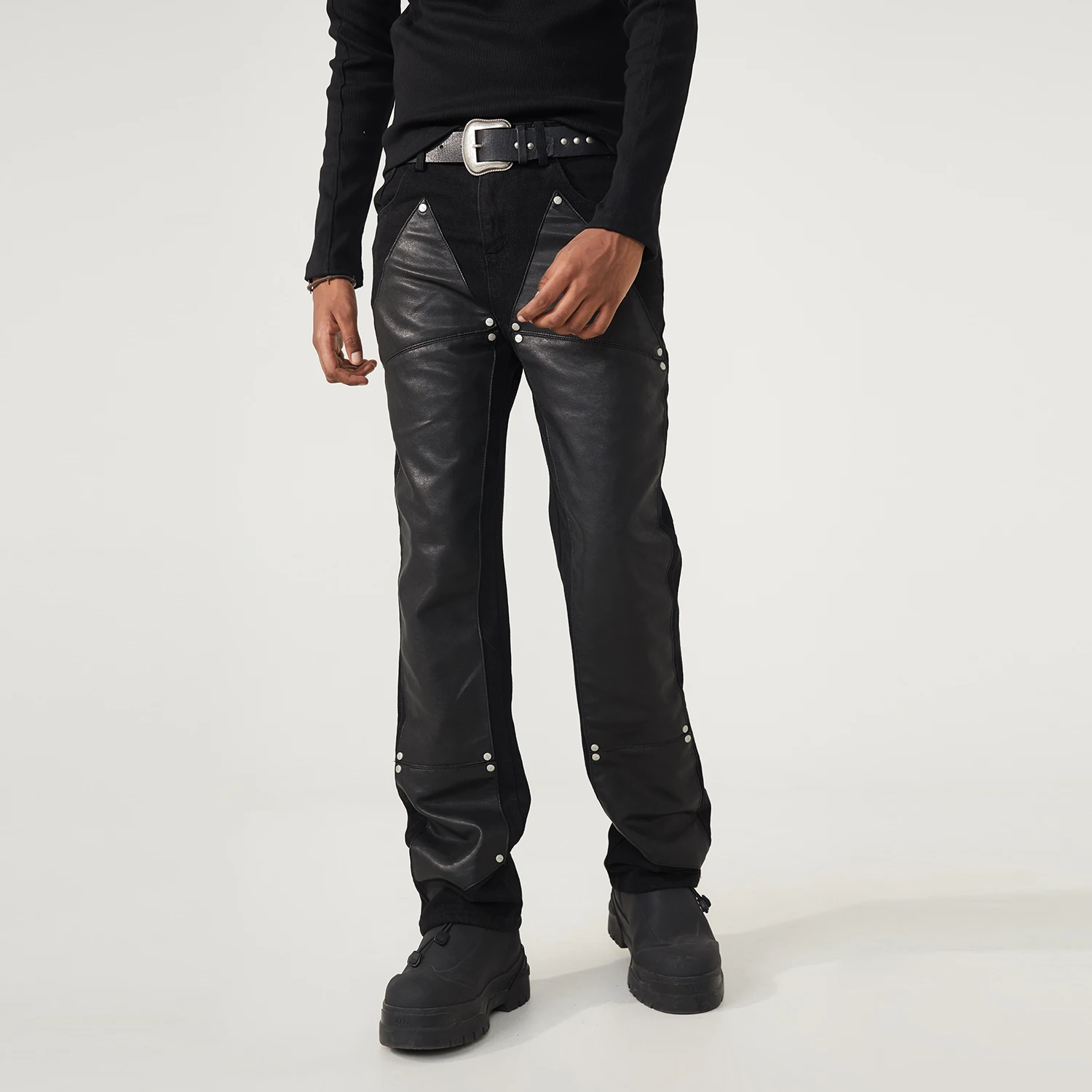 Hip-hop national tide niche design jeans men's black PU leather stitching straight tide brand pants y2k clothes men jeans R69