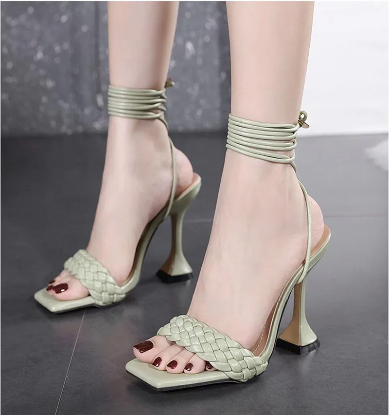 

Women Sandals Hollow Cross-Tied Weave Shoes Fashion Cozy Leather Peep Toe Ankle Strap Ladies Strange Heels Pumps Size 35-41