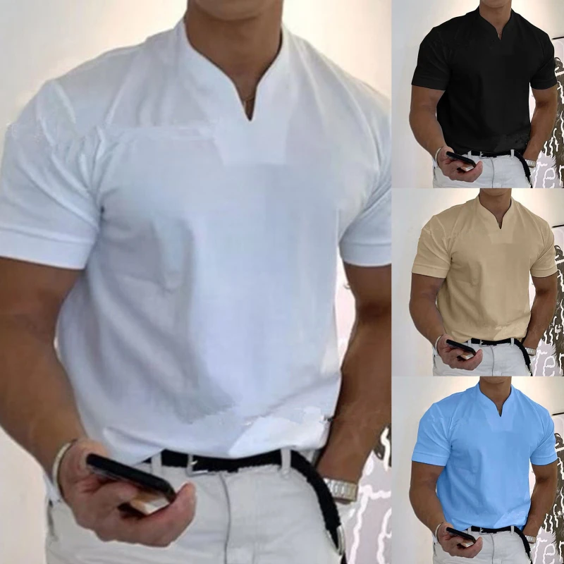 

Men's Short-Sleeved Shirts Summer Casual Solid Color Stand-Up Collar Daily Beach Style Plus Size Male Shirts