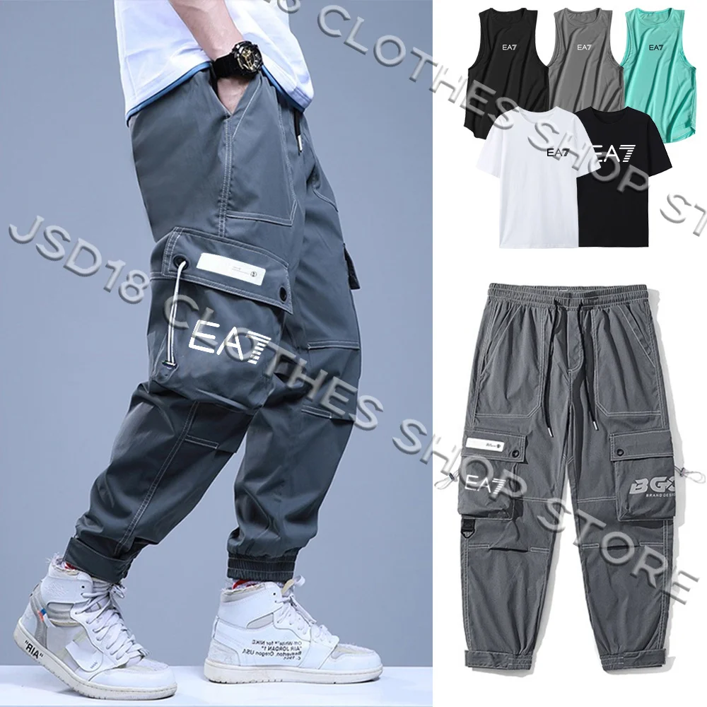 

Man Cargo Pants Letter Print Hip Hop Big Pockets Sweatpant Tactical Harajuku Joggers Trouser Streetwear Women T-shirt Sport Tank