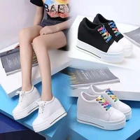 2022 spring and autumn platform super high heels 10cm height increasing insole womens casual canvas lace up muffin bottom pumps