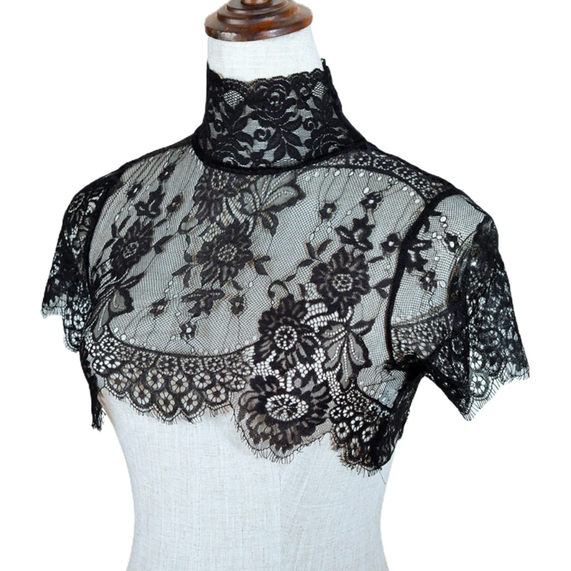 

F42F Women Summer Detachable Fake Collar Half Shirt Blouse Sweet Crochet Sheer Eyelash Floral Lace Wedding Decorative Dickey