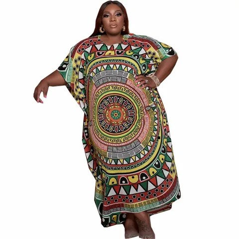 Летняя одежда в африканском стиле, женское Свободное длинное платье макси с коротким рукавом и принтом, Повседневное платье с круглым вырезом, оптовая продажа, Прямая поставка