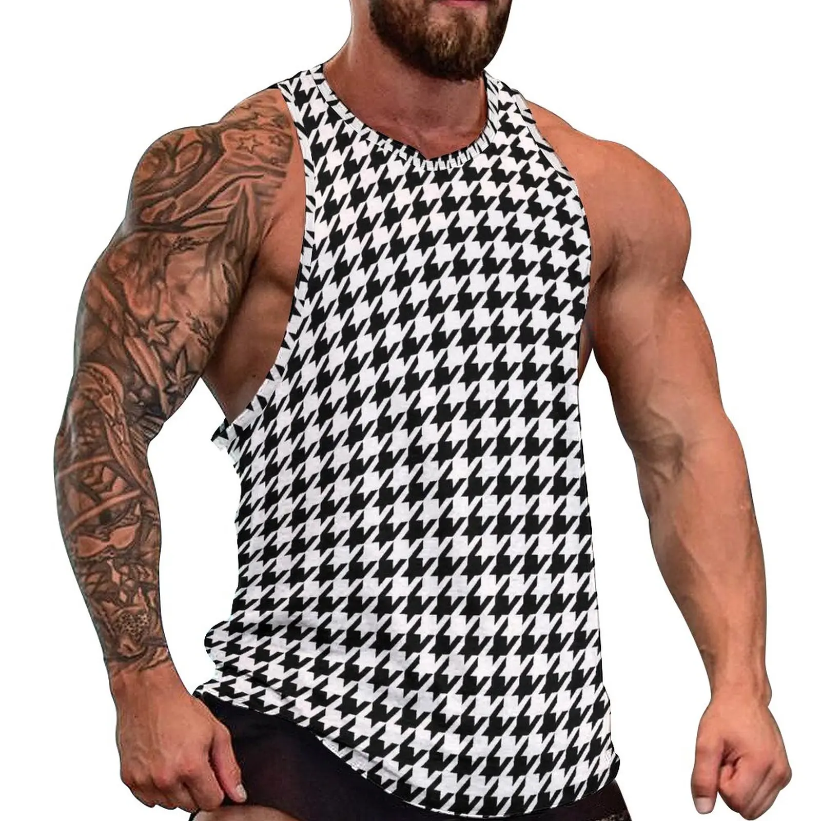

Cool Houndstooth Daily Tank Top Checkered Print Bodybuilding Tops Males Printed Fashion Sleeveless Vests Plus Size