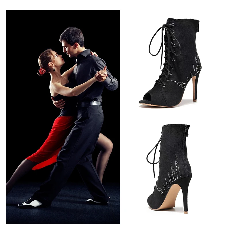 SWDZM Dance Shoes Women Short Boots Ballroom Women's Dance Shoes Fish Mouth High Heel Suede Sole Dance Boots Plus Size 33-44