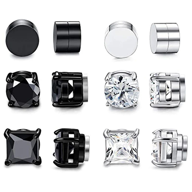 

6 Pairs of Magnetic Stud Earrings Men and Women Black CZ Magnet Non-piercing Clip Earring Set Round Black Steel