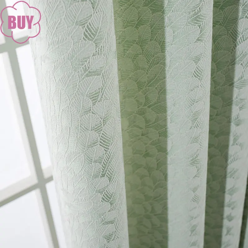 

American Curtains for Living Dining Room Bedroom Simple Green Feather Small Texture Jacquard Curtain French Window Custom