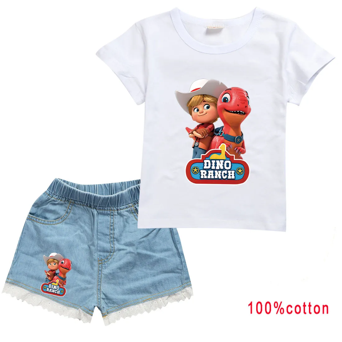 

2022Boys Dino Ranch Tshirt Kids Suit Cartoon Kids Clothes Children's Jeans Shorts T Shirt Sets Girls T-shirt Summer Clothes Gift