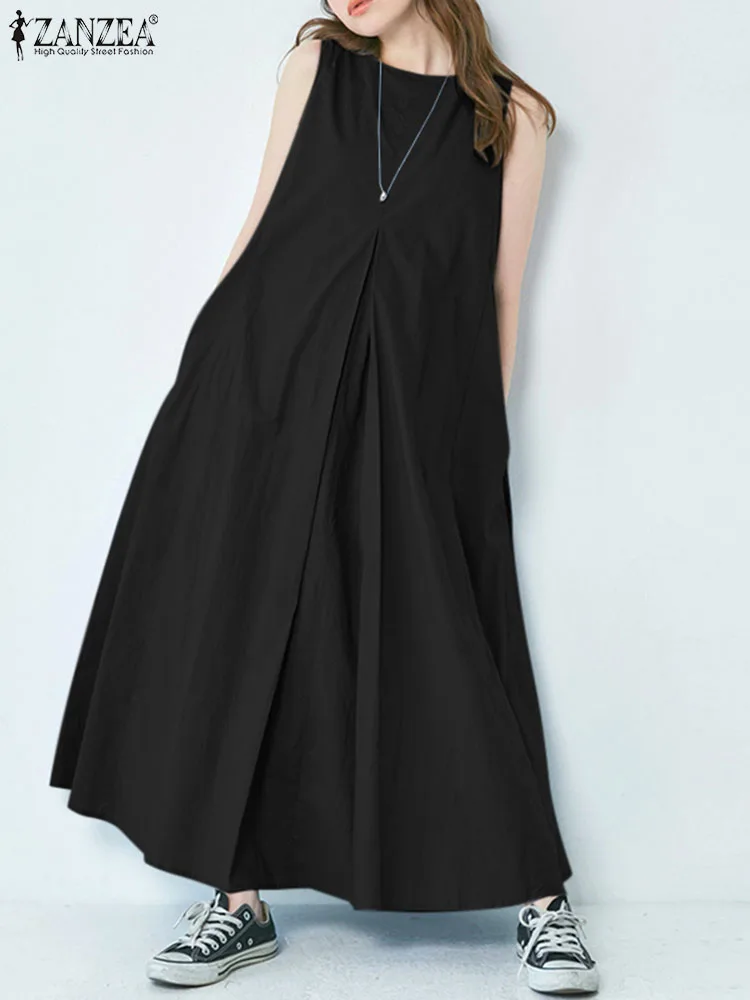 

ZANZEA Women Korean Fashion Long Robes Solid 2023 Summer Maxi Dress Pockets O-neck Tank Dresses Sleeveless Holiday Vestidos