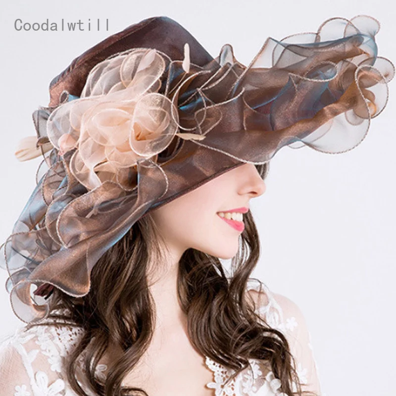 

Beautiful Big Church Fedora Cap Women Elegant Sun Hat Wide Brim Beach Organza Hats Or Use Wedding Party Fascinator Headwear