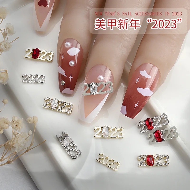 

5pcs/10pcs New Year 2023 Shaped Nail Charms Gold/Silver 2023 Alloy Rhinestone Nail Art Decorat Luxury Diamond Nail Jewelry Parts