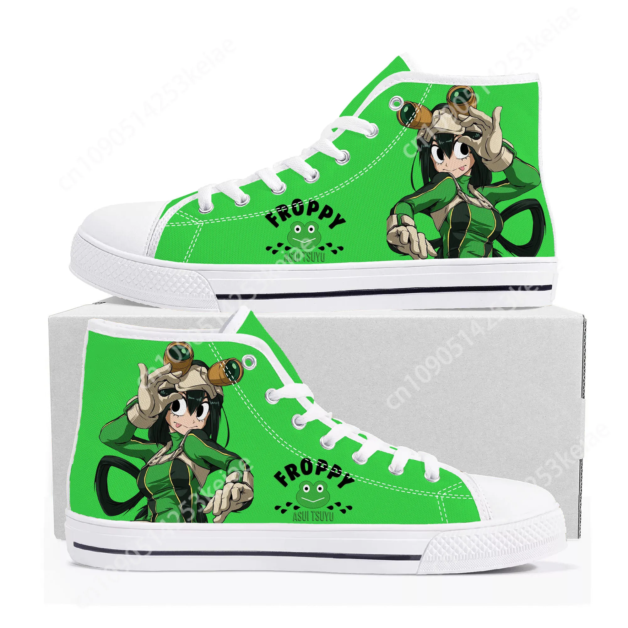 Высокие кроссовки Asui Tsuyu с рисунком My Hero Academia мужские и женские парусиновые