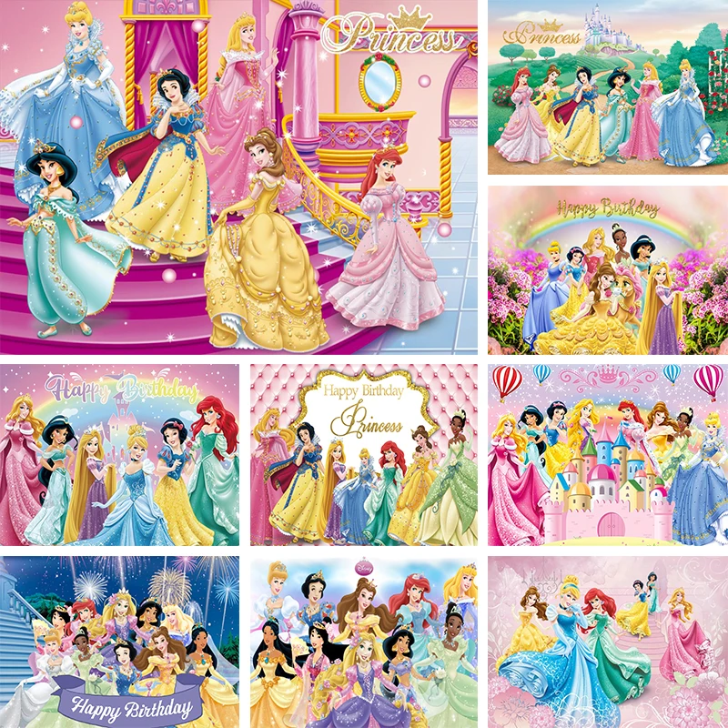 

Disney Princess Backdrop Rapunzel Cinderella Snow White Bella Happy Birthday Party For Girls Baby Photography Background Banner