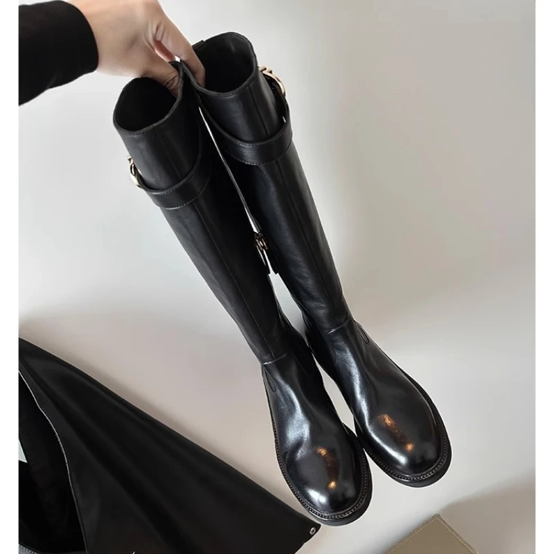 

Cowhide Round Head Thick Heels Thick Sole Knee Long Knight Boots Women Autumn and Winter