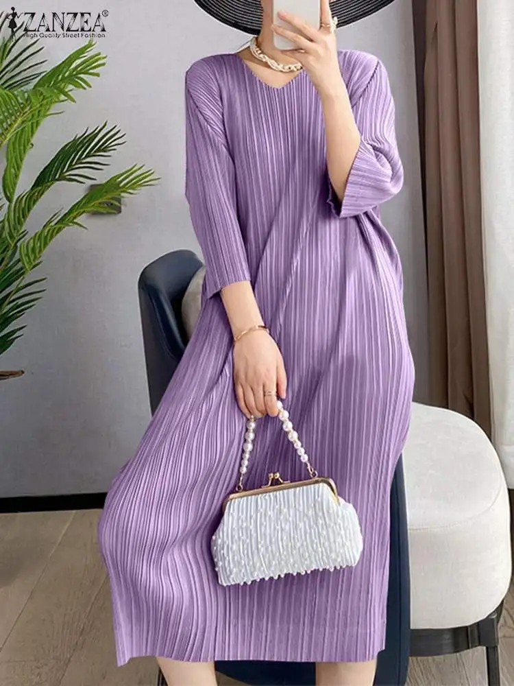 

Fashion Women Summer Short Sleeve Dresses 2022 ZANZEA Casual Solid Loose Sundress Oversized Female Lady Pleated Robes Longue