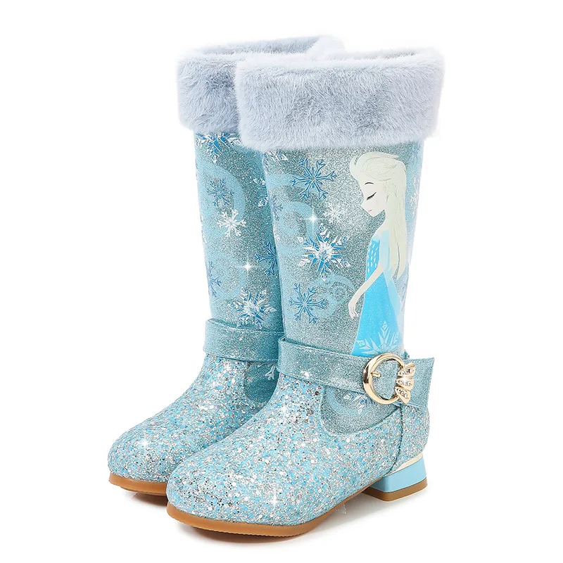 4-12-year Girls High-heeled Boots In Autumn/winter Christmas Gifts for Girls Princess Boots Baby Plus Velvet Sequined Snow Boots