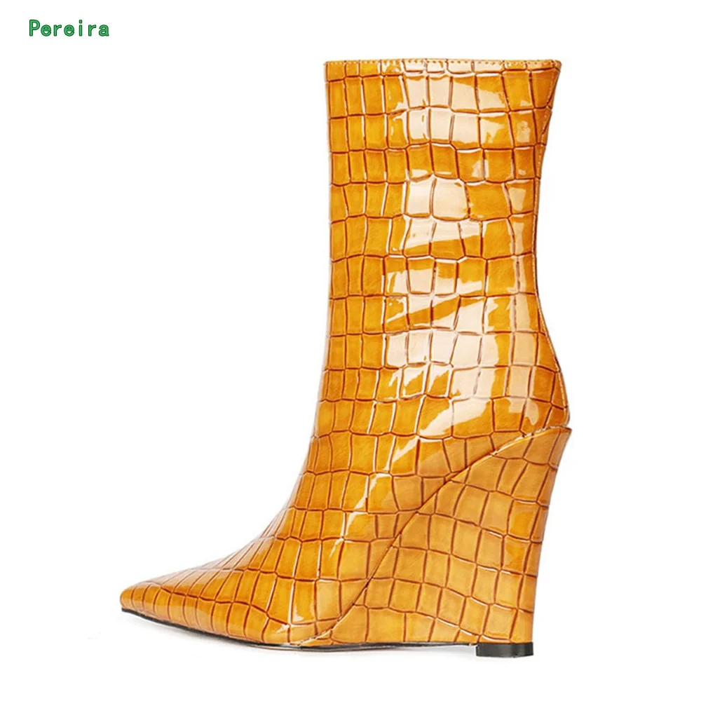 

Yellow Wedge Women's Boots 2022 Spring New Arrival Pointed Toe Stone Pattern Party Feshion Catwalk Shoes for Free Shipping